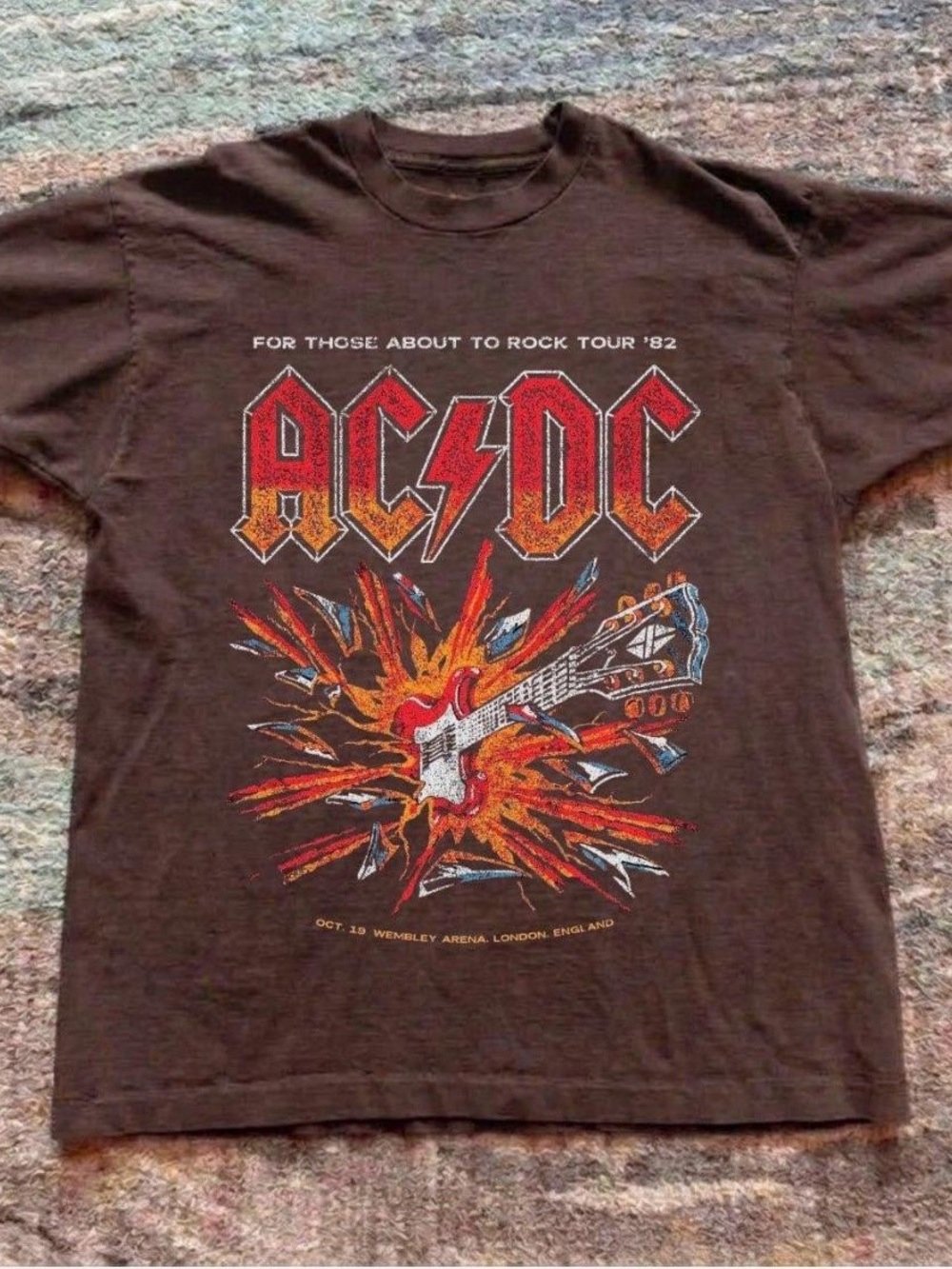 AC/DC Brown Graphic Tee - Rock Tour '82 Guitar Design